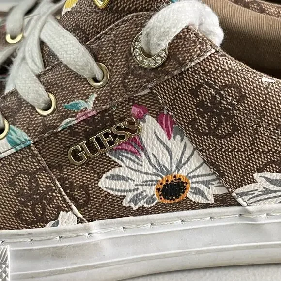 Guess Loven Sneakers Women's Size 9.5 M Casual Lace-up Logo Brown Pink Floral - Picture 14 of 15